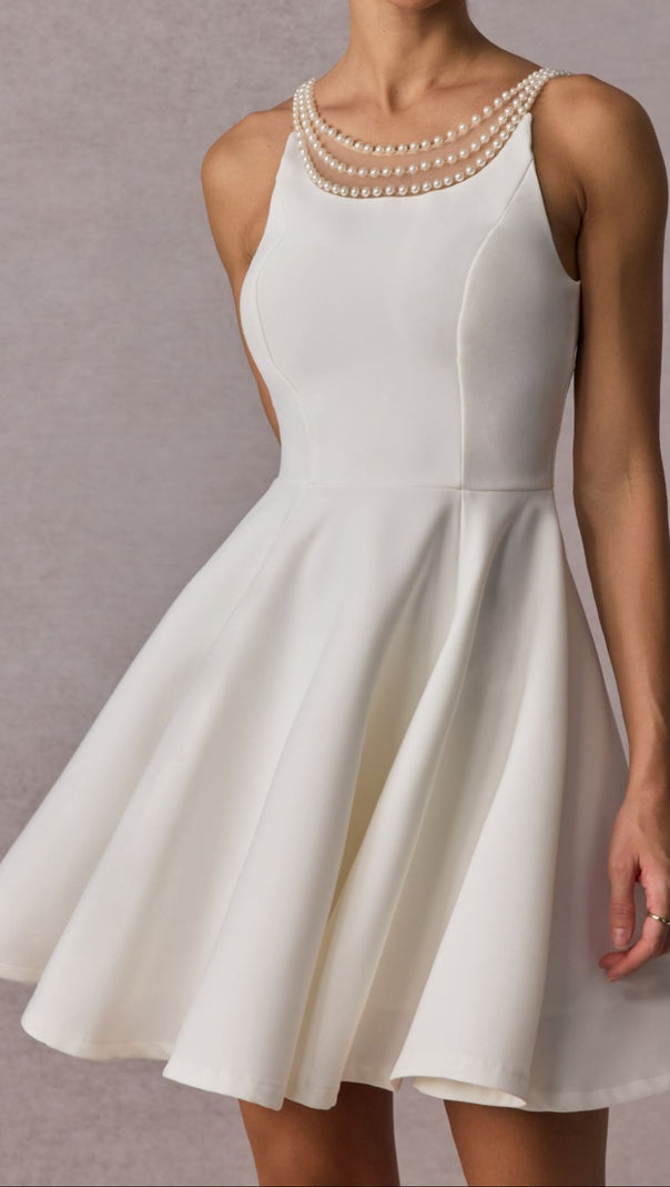 AIIZIE CAMILLE OPEN BACK PEARL EMBELISHED MINI DRESS IN WHITE - product image