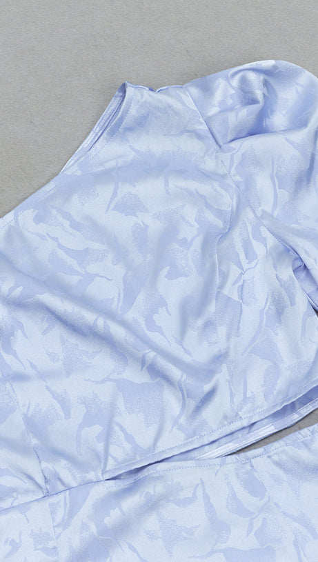 BLUE RUCHED JACQUARD ONE SHOULDER LONG SLEEVE MIDI DRESS