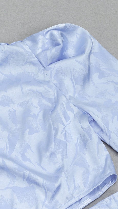 BLUE RUCHED JACQUARD ONE SHOULDER LONG SLEEVE MIDI DRESS