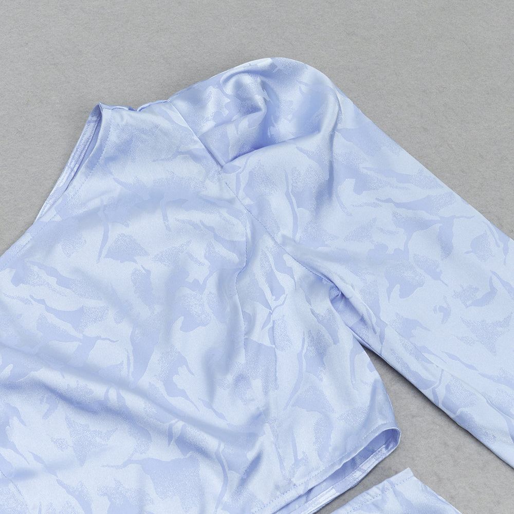 ABITO MIDI MONOSPALLA A MANICHE LUNGHE IN JACQUARD BLU CON RUCHES