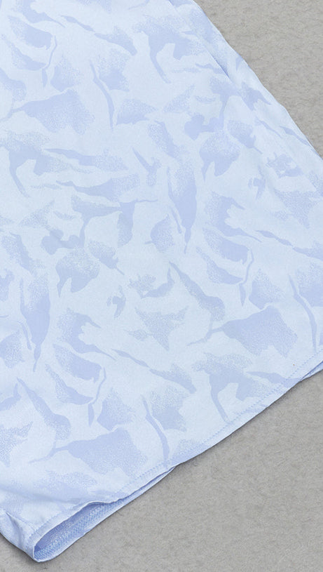 BLUE RUCHED JACQUARD ONE SHOULDER LONG SLEEVE MIDI DRESS