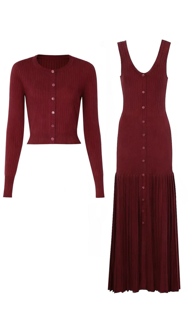 AIIZIE Jackie Wine Ribbed Knit Cardigan & Maxi Dress Set | Women's Elegant Co-ord - product image