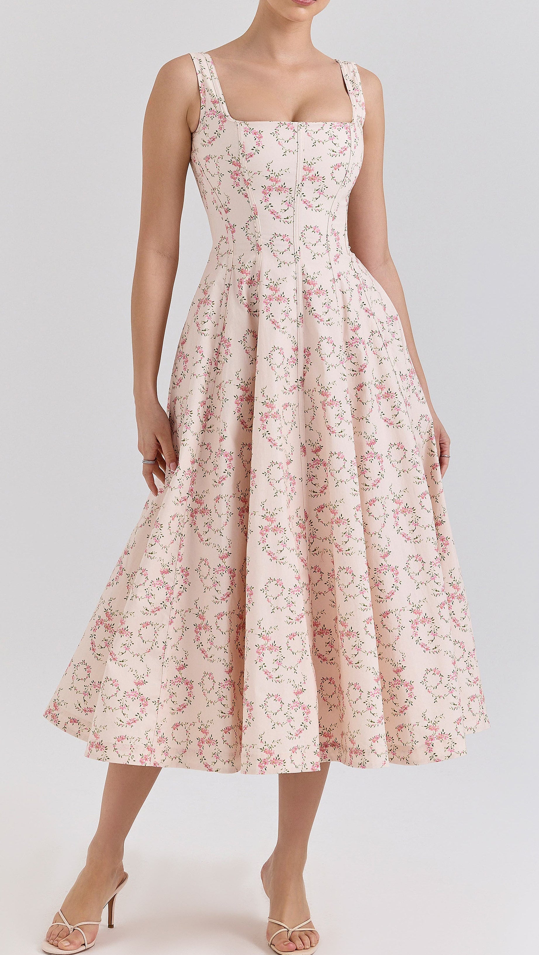 Gemma – Cremefarbenes Midikleid aus Stretch-Baumwolle mit Blumenmuster und Schnürung