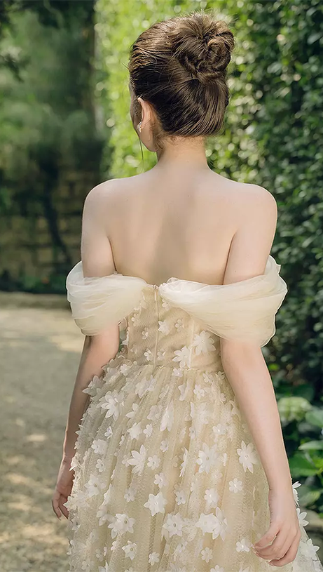 SABRINA FLOWER EMBELLISHED STRAPLESS MAXI DRESS IN BEIGE