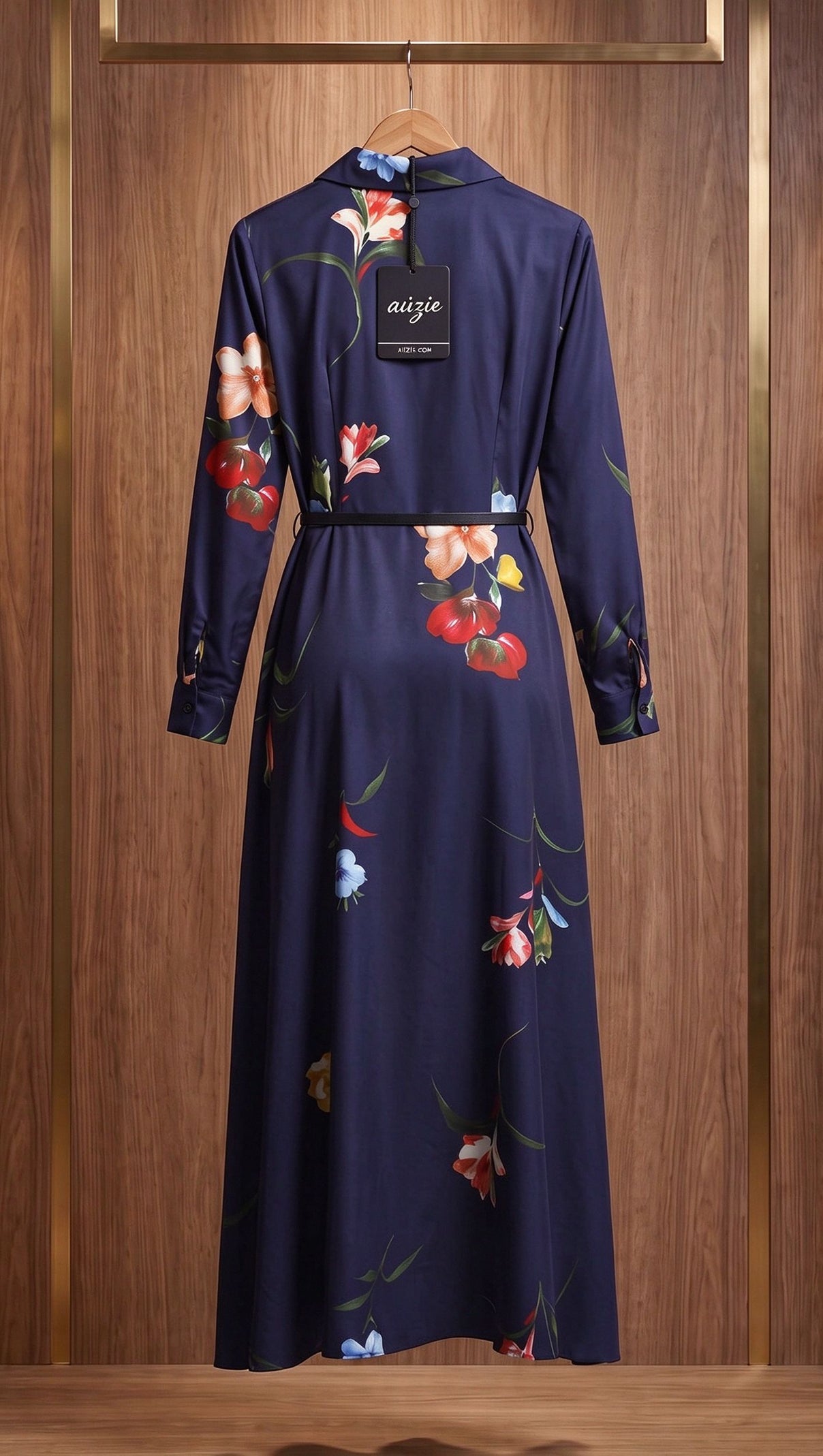 Navy Blue Floral Satin-Weave A-Line Shirt Dress