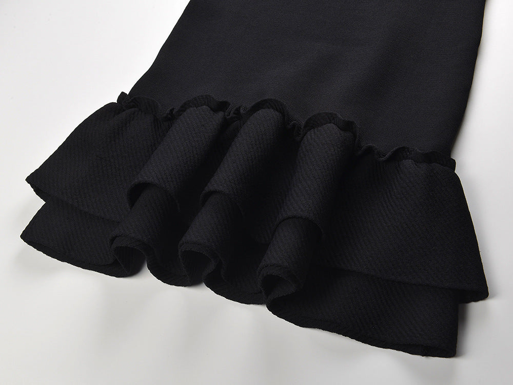 Modern Chic: Black Square Neck Ruffled Knit Mini Dress for Women