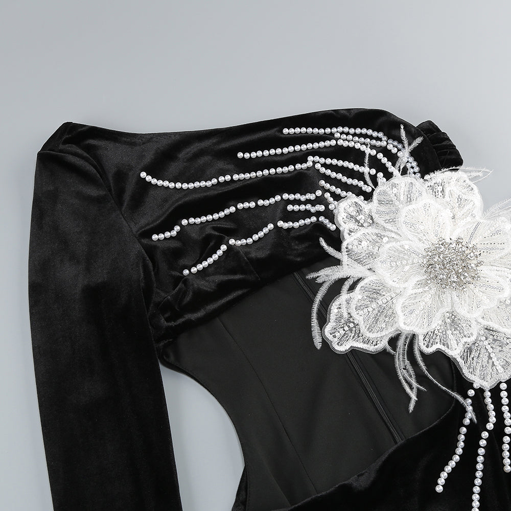 One-Shoulder Langarm Blumen Maxikleid schwarz 
