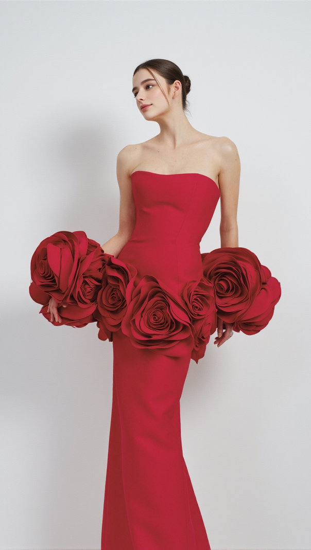 AIIZIE RED STRAPLESS MAXI DRESS WITH FLOWER EMBELLISHMENTS - product image
