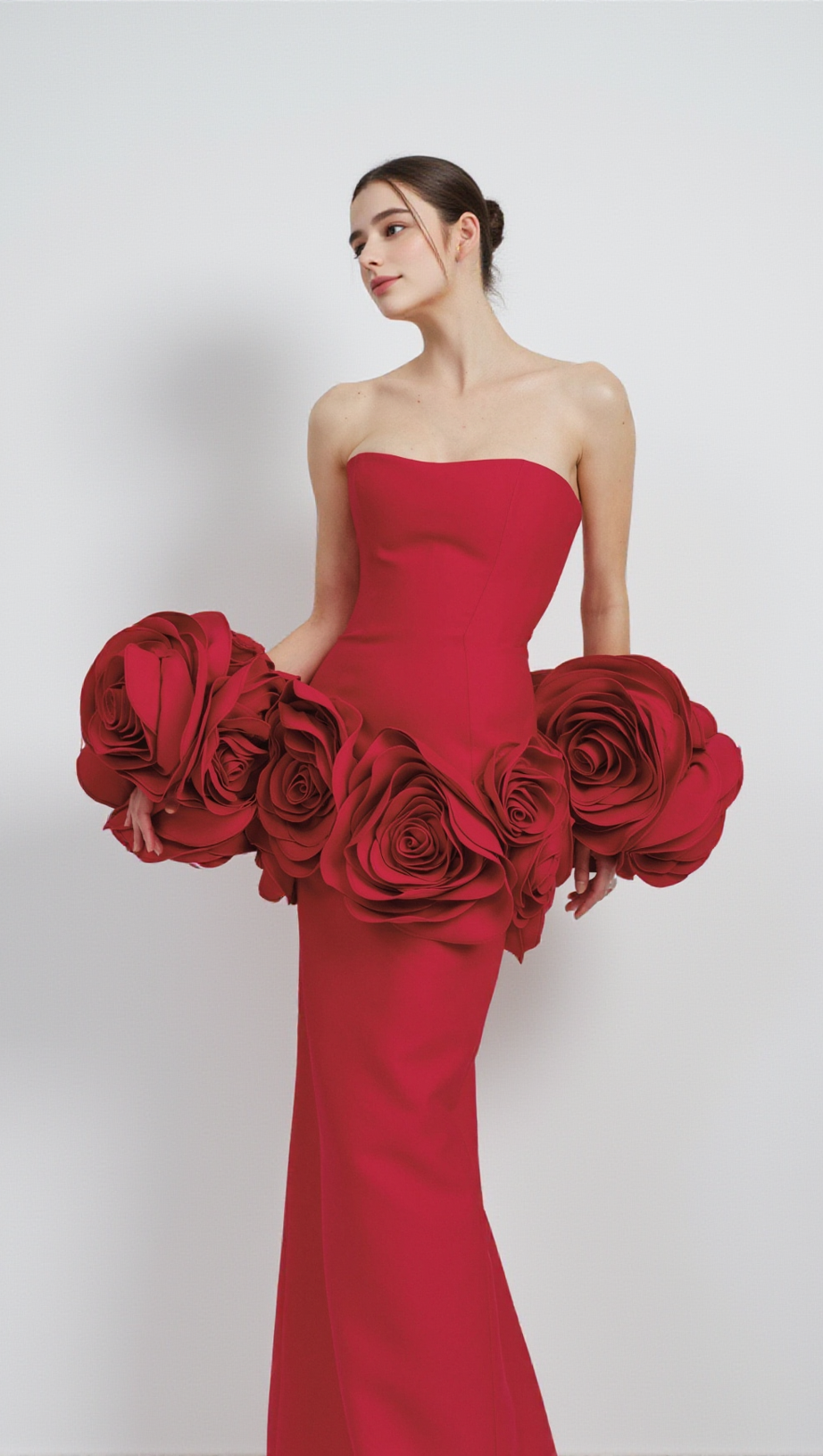 RED STRAPLESS MAXI DRESS WITH FLOWER EMBELLISHMENTS