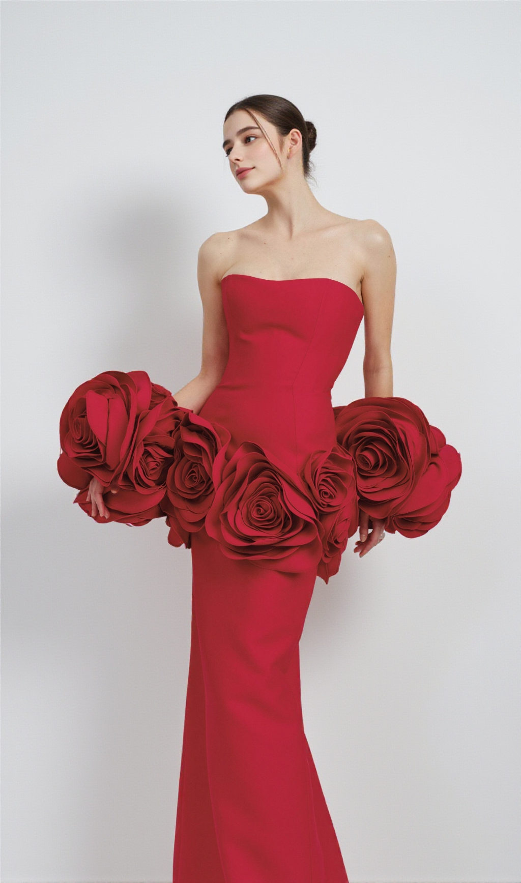 RED STRAPLESS MAXI DRESS WITH FLOWER EMBELLISHMENTS