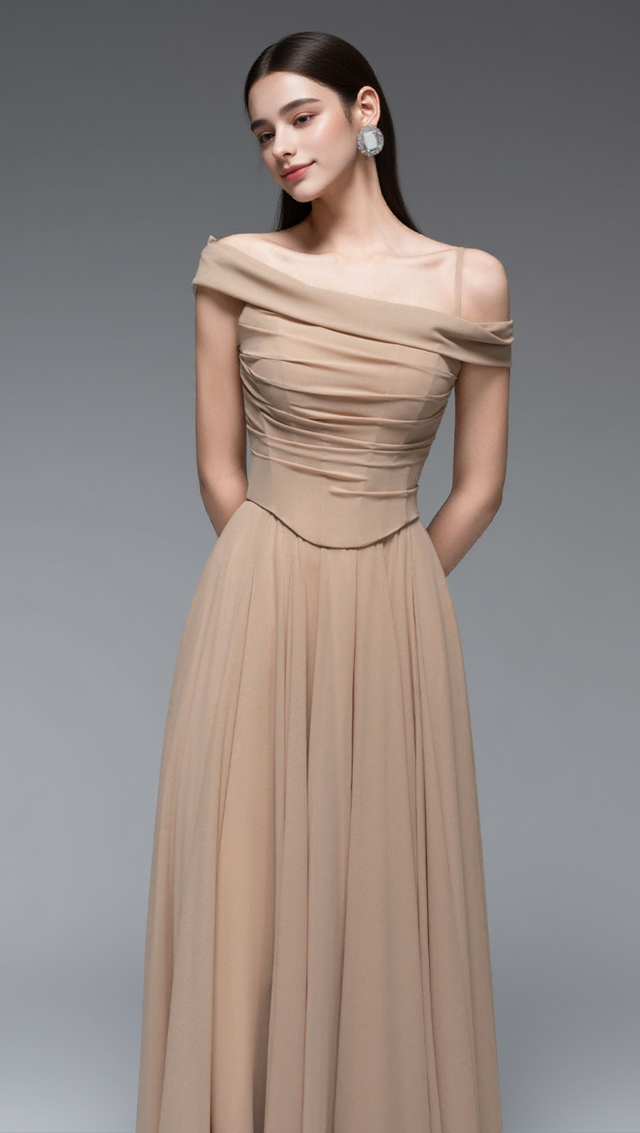 ABITO LUNGO IN CHIFFON DRAPPEGGIATO A TRAPEZIO COLOR NUDE