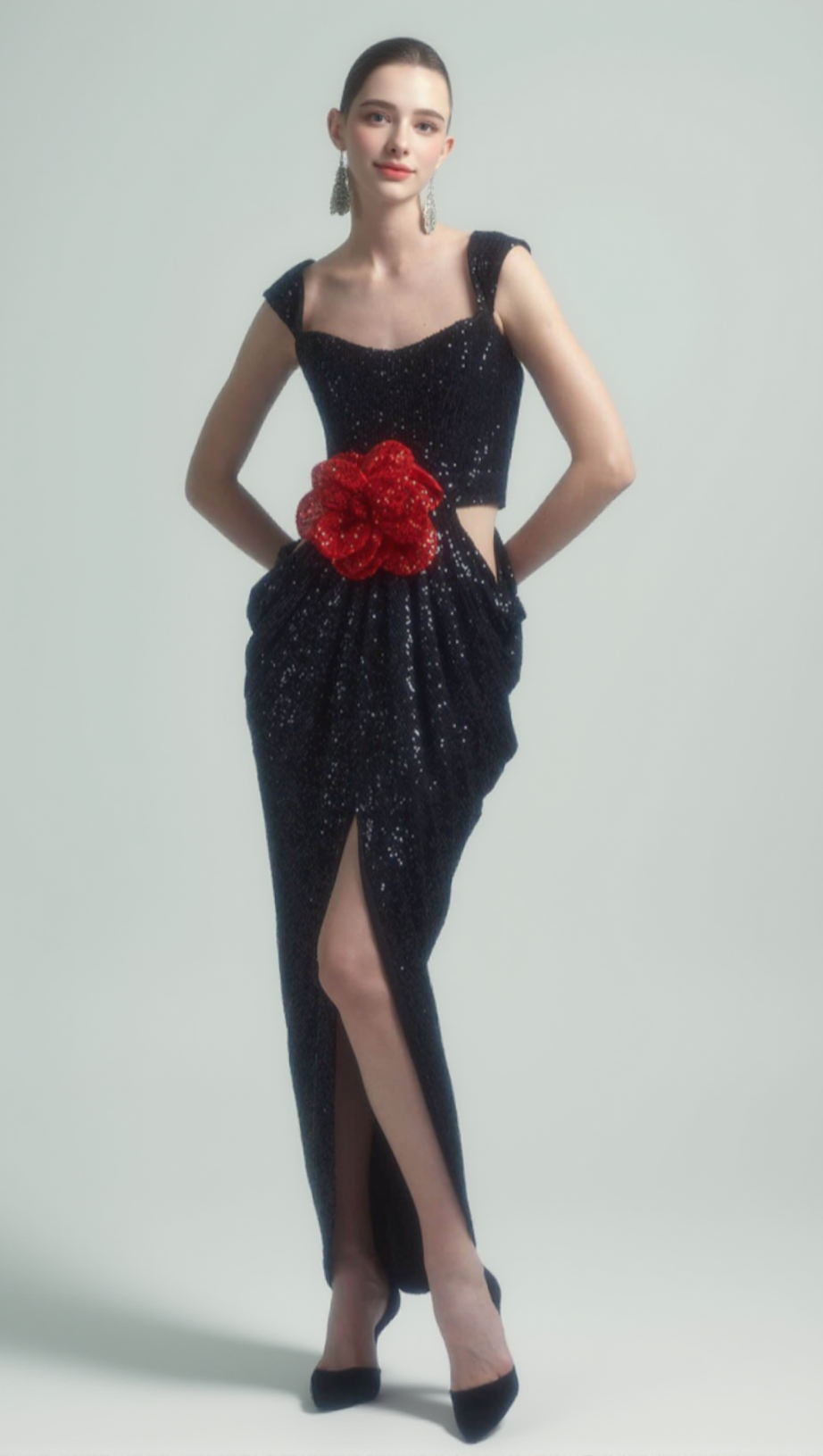 MIDNIGHT BLOOM 3D ROSE MAXI DRESS