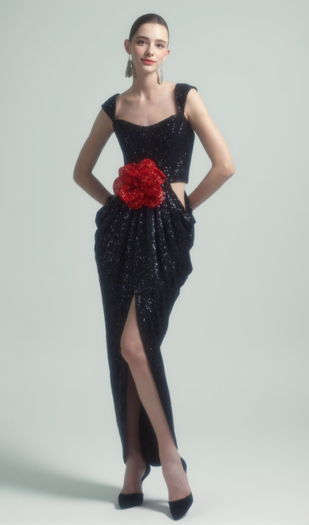 MIDNIGHT BLOOM 3D ROSE MAXI DRESS