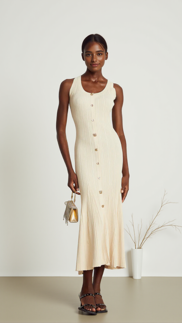 AIIZIE BUTTON-EMBELLISHED RIBBED-KNIT MIDI DRESS IN APRICOT - product image