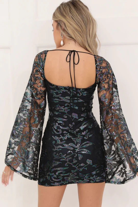 BLACK MESH SEQUIN FLARE SLEEVE DRESS IN NAVY