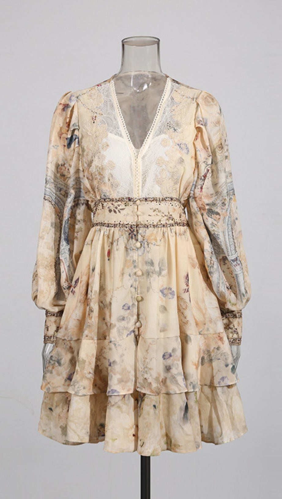 IVANO CHIC FLORAL PRINT V-NECK MINI DRESS WITH PEARL EMBELLISHMENTS & LONG SLEEVES