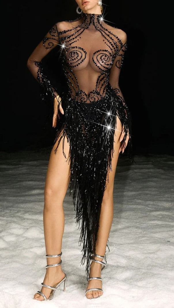 AIIZIE Nathari Dazzling Rhinestone Fringe Illusion Mini Dress - product image