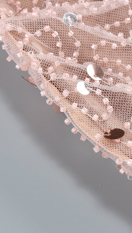 CRYSTAL LEAF EMBELLISHED SEQUIN MAXI DRESS IN PALE BROWN