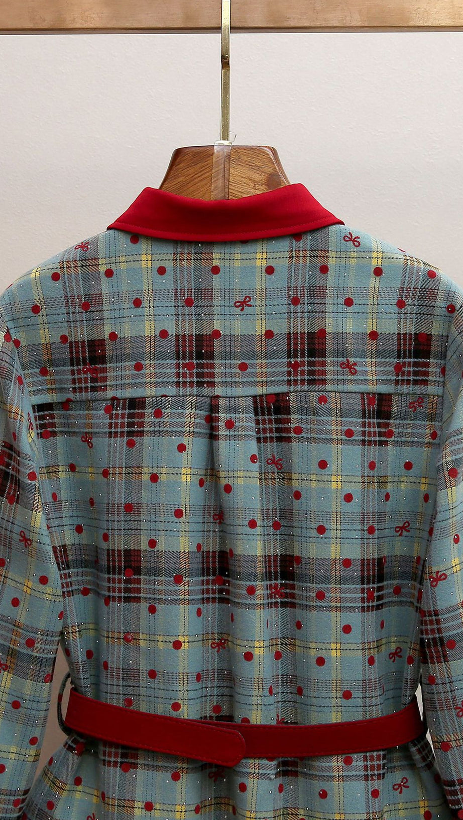 HUMLA PLAID BOW MINI DRESS WITH RED COLLAR & BELT - FESTIVE CHIC FOR WOMEN