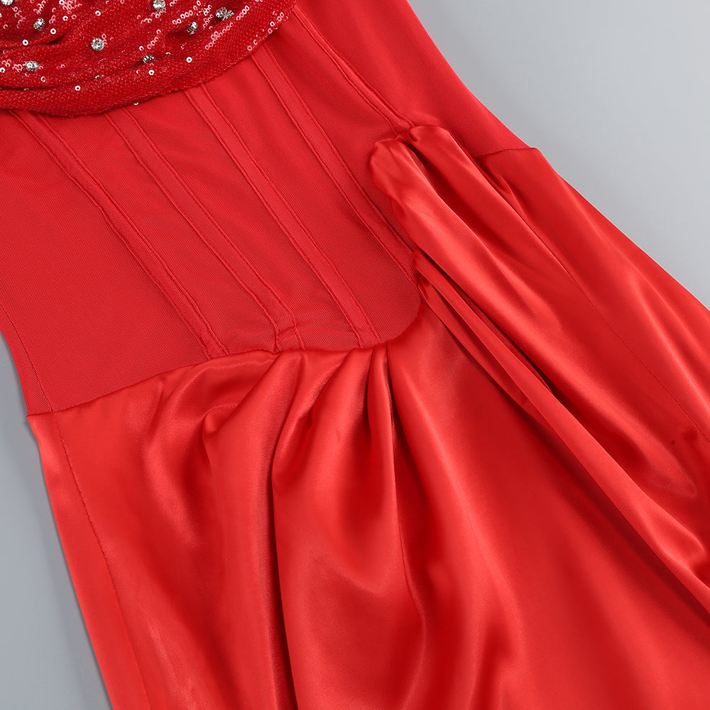 AIIZIE ELMA ONE-SHOULDER CRYSTAL DETAIL HIGH SLIT MAXI DRESS IN RED - product image