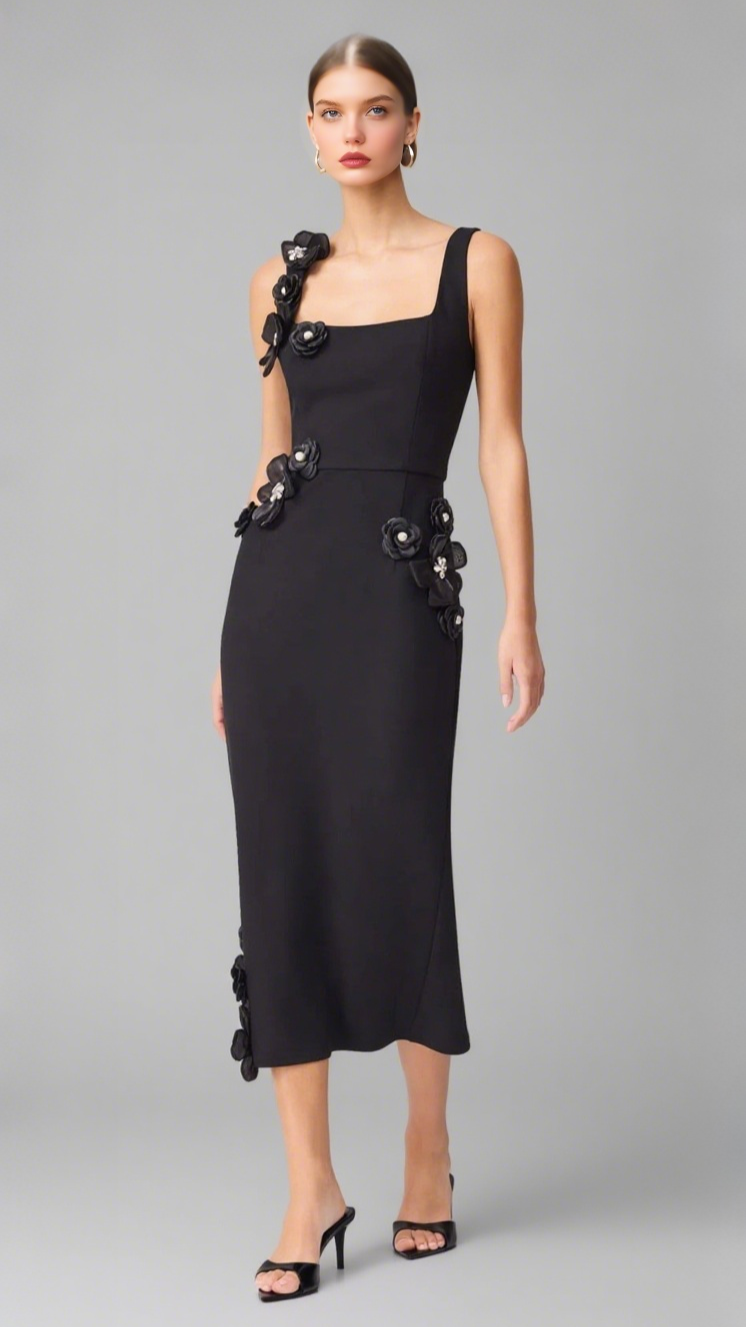 SABRINA 3D FLOWER MIDI DRESS IN BLACK