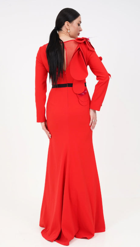 FLORAL BELTED MAXI DRESS IN RED