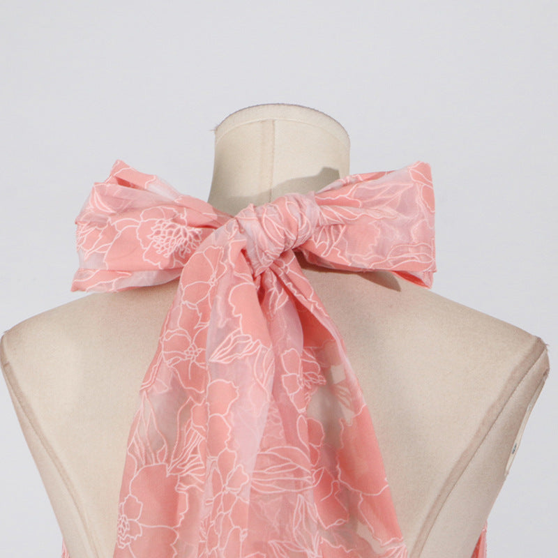 HALTER FLOWER RRUFFLE MAXI DRESS IN PINK