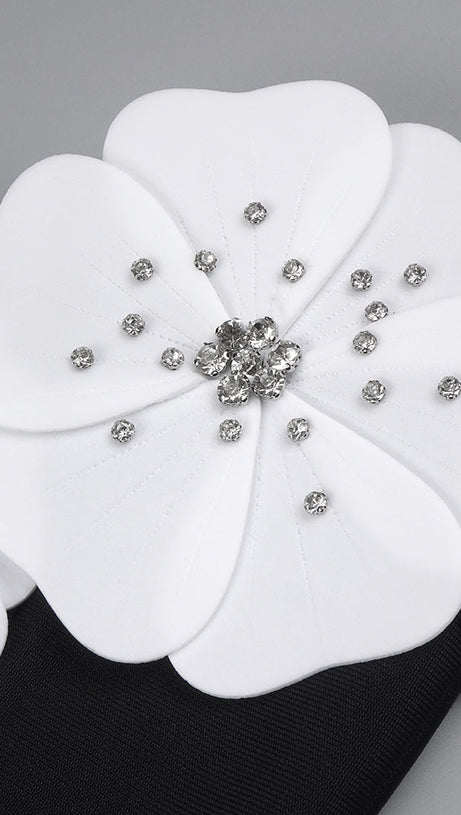 WHITE FLOWER EMBELLISHED MAXI DRESS IN BLACK