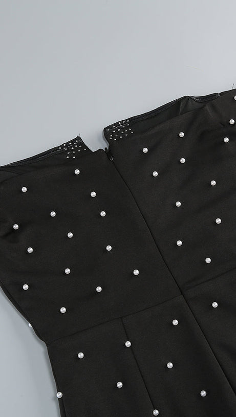 PEARL POLKA DOTS EMBELLISHED MIDI DRESS IN BLACK