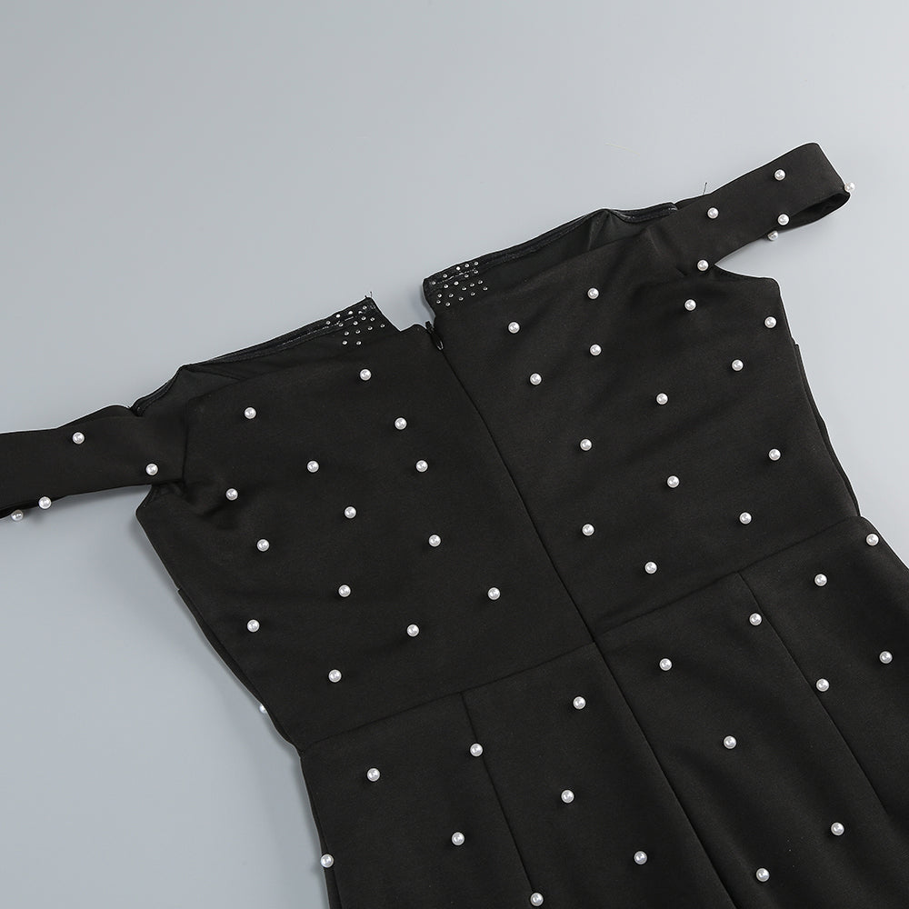 PEARL POLKA DOTS EMBELLISHED MIDI DRESS IN BLACK
