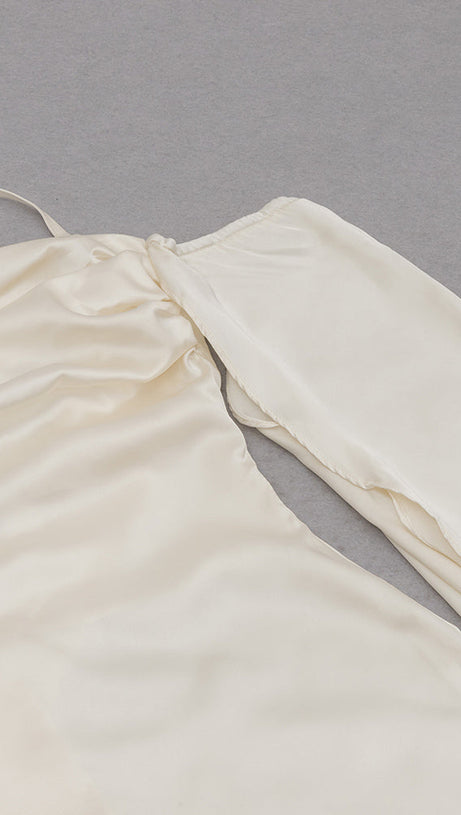 APRICOT SHOULDER RUCHED SATIN DRESS