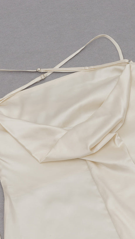 APRICOT SHOULDER RUCHED SATIN DRESS