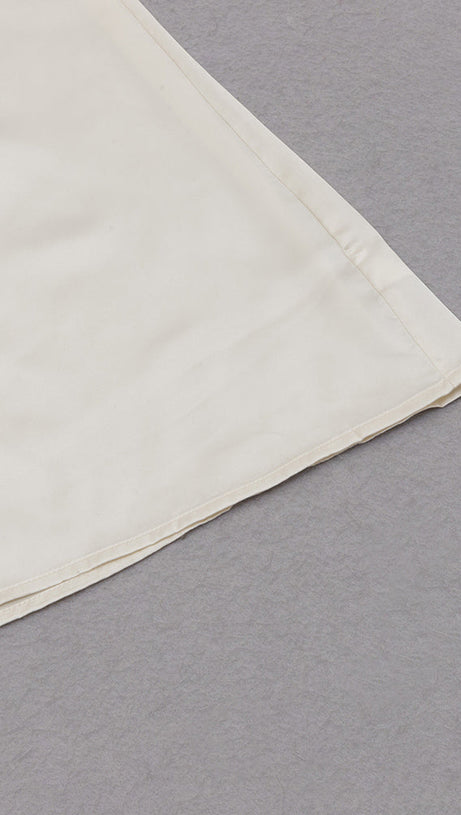 APRICOT SHOULDER RUCHED SATIN DRESS