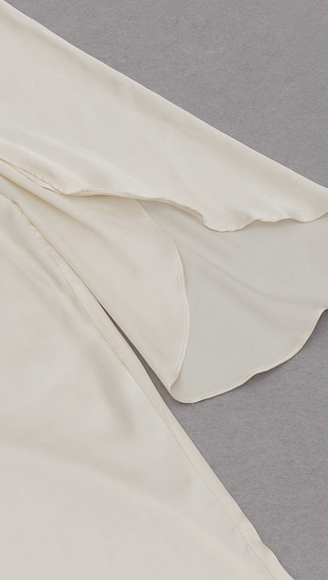 APRICOT SHOULDER RUCHED SATIN DRESS