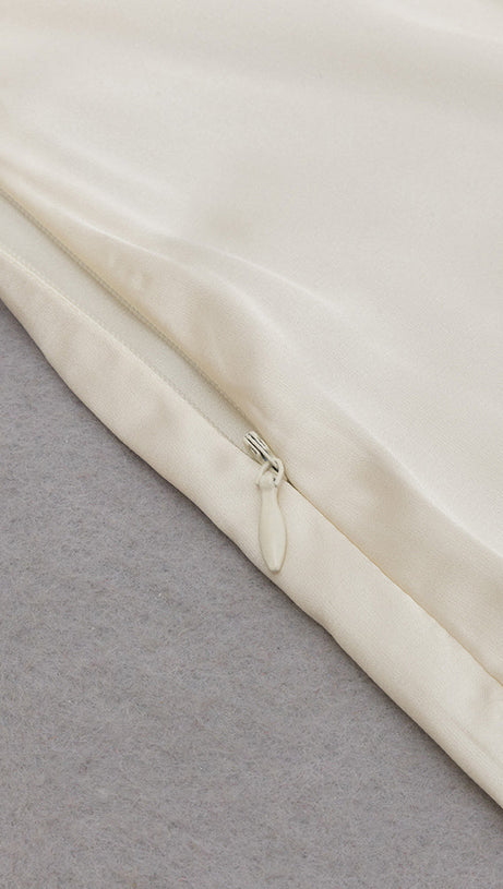 APRICOT SHOULDER RUCHED SATIN DRESS