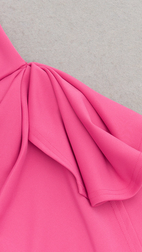 ALANI RUCHED SATIN BODYCON MIDI DRESS IN PINK RED