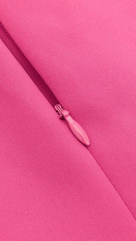 ALANI RUCHED SATIN BODYCON MIDI DRESS IN PINK RED