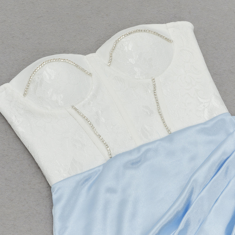 AIIZIE ADORA WHITE BLUE LACE BUSTIER DRAPED MIDI DRESS - product image