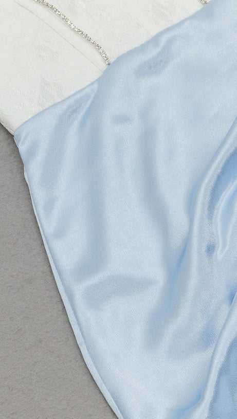 ADORA WHITE BLUE LACE BUSTIER DRAPED MIDI DRESS