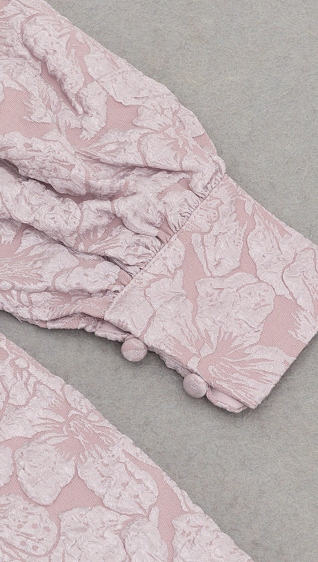 ALICE FLORAL JACQUARD PUFF SLEEVE BODYCON MAXI DRESS IN PINK