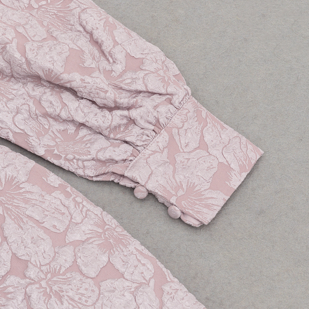 AIIZIE ALICE FLORAL JACQUARD PUFF SLEEVE BODYCON MAXI DRESS IN PINK - product image