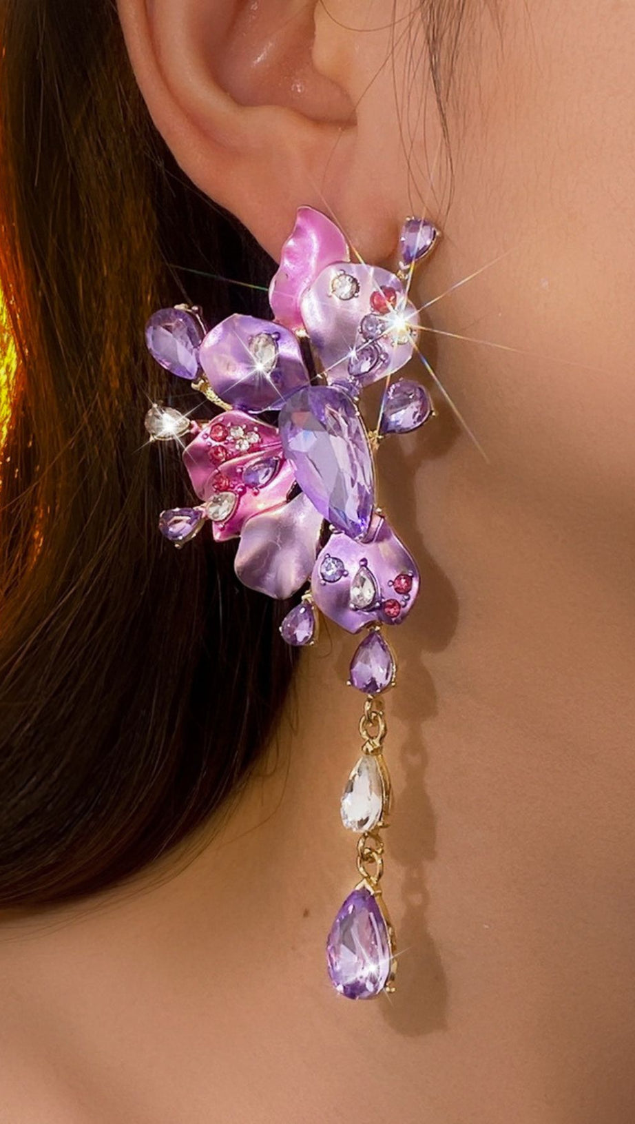 Luxe Lavender & Blush Crystal Floral Statement Drop Earrings