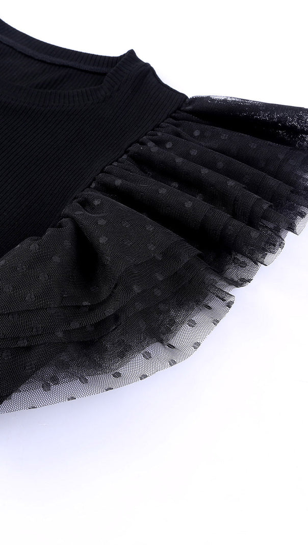 BLACK DOTTY MESH RUFFLE SLEEVE RIBBED KNIT TOP