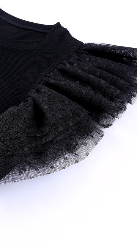 BLACK DOTTY MESH RUFFLE SLEEVE RIBBED KNIT TOP
