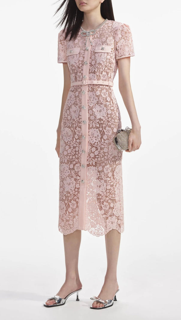 AIIZIE PINK LACE DIAMANTE BOW MIDI DRESS - product image