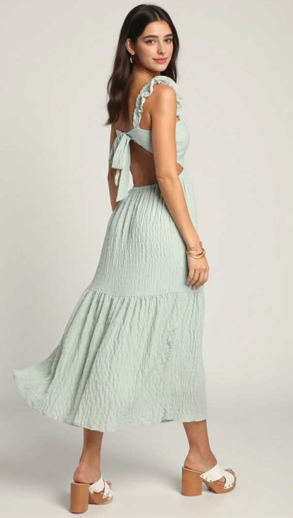 Mintgrünes, gesmoktes Midikleid mit Stufen und Bindeband