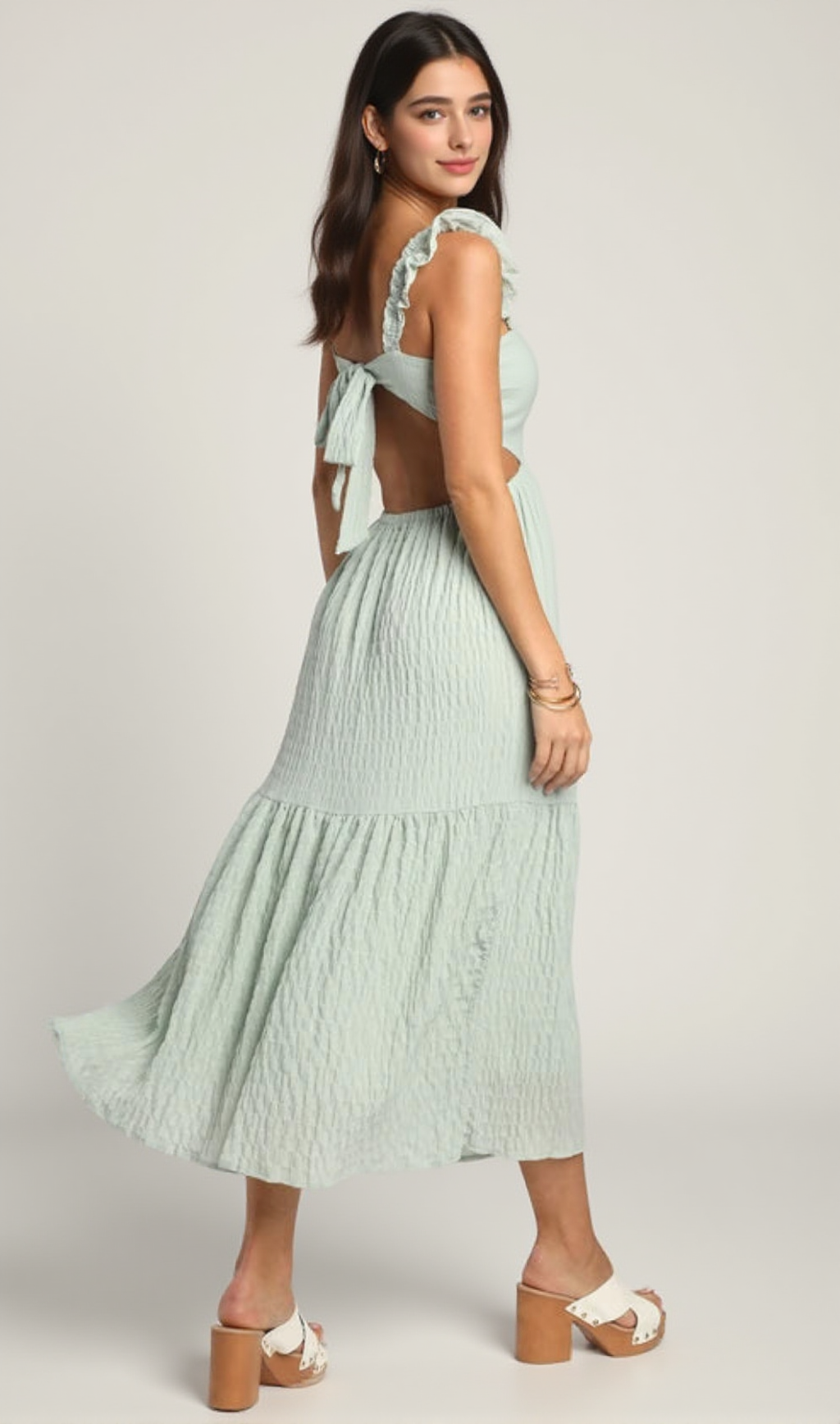 MINT SMOCKED TIE-BACK TIERED MIDI DRESS