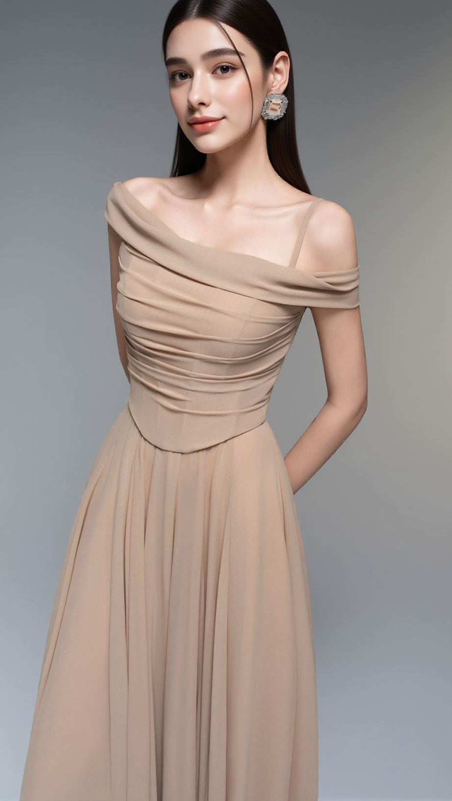 ABITO LUNGO IN CHIFFON DRAPPEGGIATO A TRAPEZIO COLOR NUDE