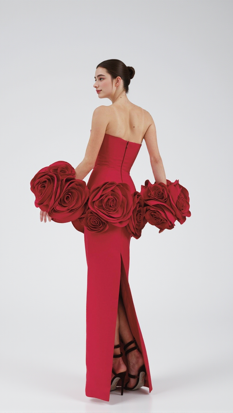 RED STRAPLESS MAXI DRESS WITH FLOWER EMBELLISHMENTS