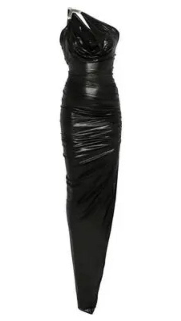 AIIZIE ONE-SHOULDER SLEEVELESS RUCHED BODYCON MAXI DRESS IN BLACK - product image